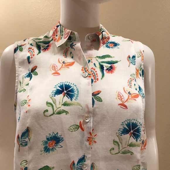 J Jill Love Linen Sleeveless Blouse Size XS Oversized White Floral Button Up - Picture 8 of 16